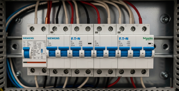 Close-up of a circuit breaker in a home electrical panel showing switches and wiring