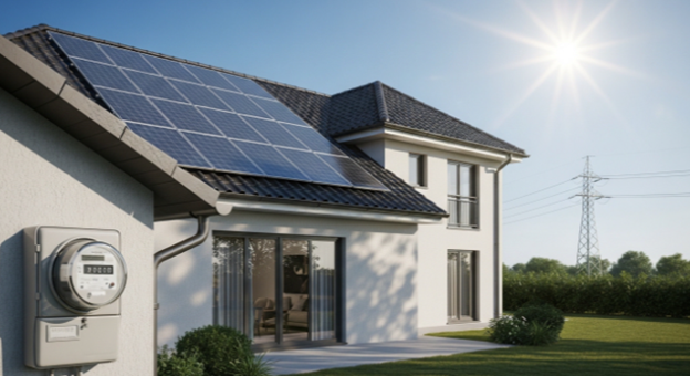 Electric meter showing reduced electricity usage with solar panels