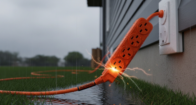 Indoor extension cord being used outdoors, highlighting safety hazard