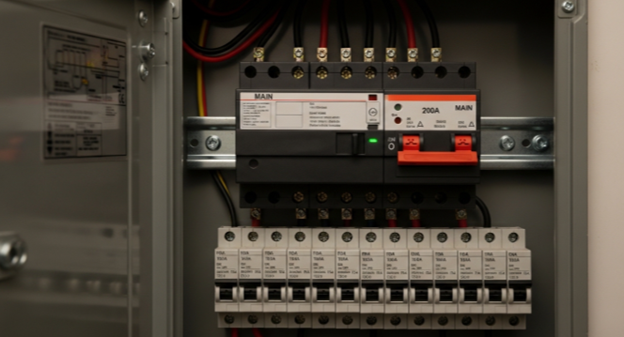 Main circuit breaker inside a residential electrical panel