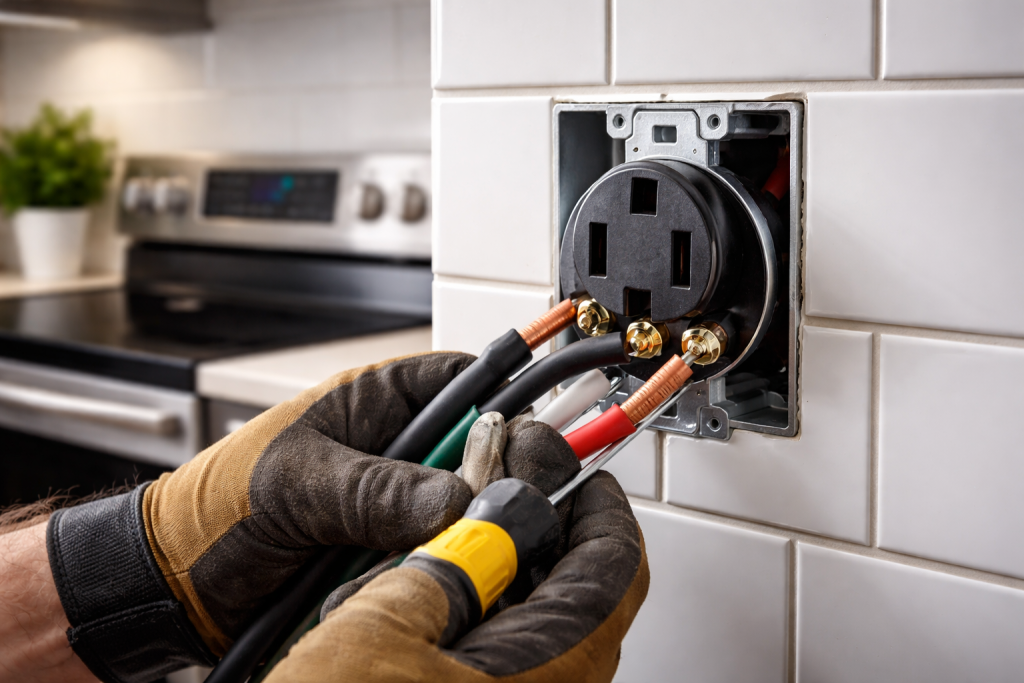 Licensed electrician installing a 240V NEMA 14-50R outlet for an electric range in a NYC kitchen.