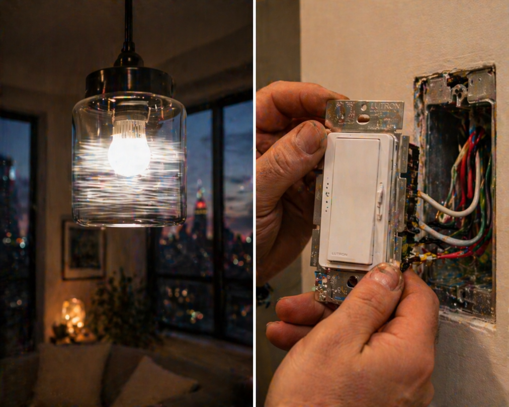 Professional electrician replacing an old dimmer switch with a modern LED-compatible CL dimmer to fix light flickering and buzzing in a New York City home.