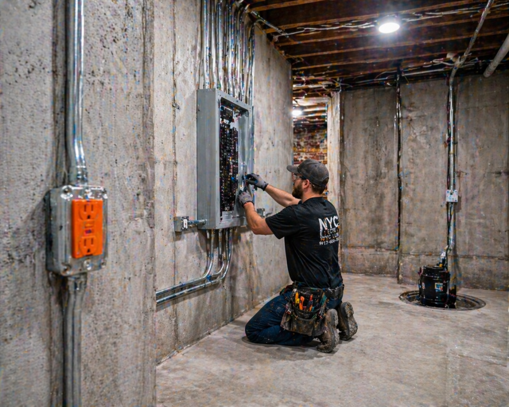 Professional installation of EMT conduit, GFCI outlets, and a dedicated sump pump circuit in a New York City basement renovation.