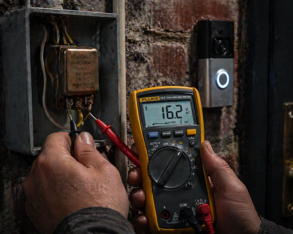 Licensed electrician testing a 24V doorbell transformer for a smart video doorbell installation in a NYC home.